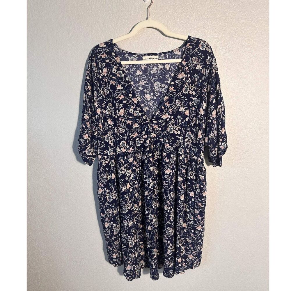 Natural Life L XL Navy Blue Floral V Neck Babydoll Mini Dress Tunic Boho Flowy